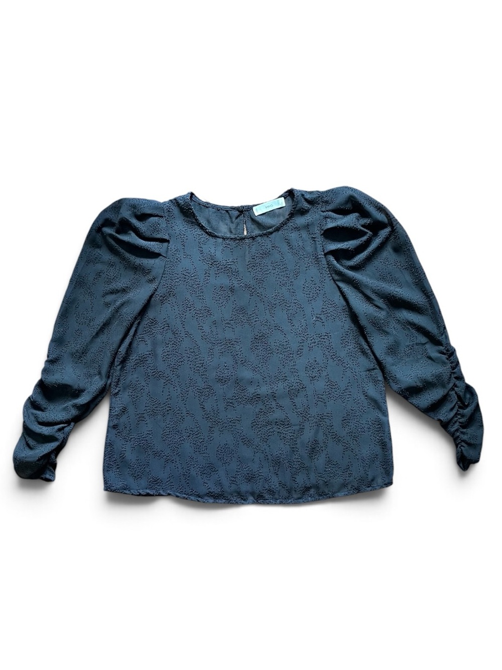 Mango Sheer Textured Black Puff-Sleeve Blouse